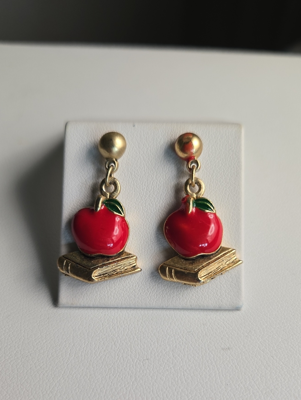 Vintage Gold-Tone Red Apple on Book Drop Earrings